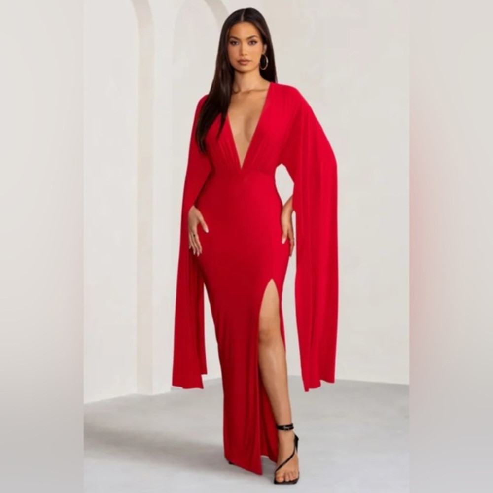 NWT CLUB L LONDON Red Plunge Neck Maxi Dress with Cape Sleeves and Thigh Split